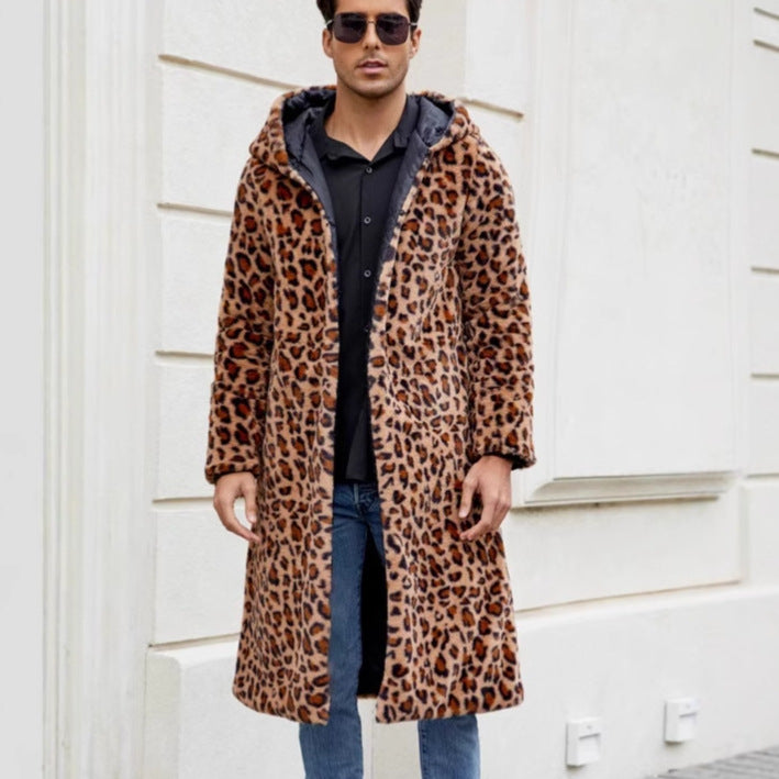 Herren Eleganter Kunstfellmantel mit Leopardenmuster Drune