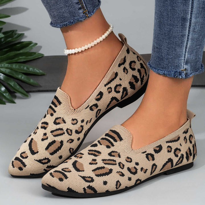 Damen nan gestrickter Slip-On Loafer mit Leo-Jacquard, gepolstertem Komfortfußbett und rutschfester EVA-Sohle Drune