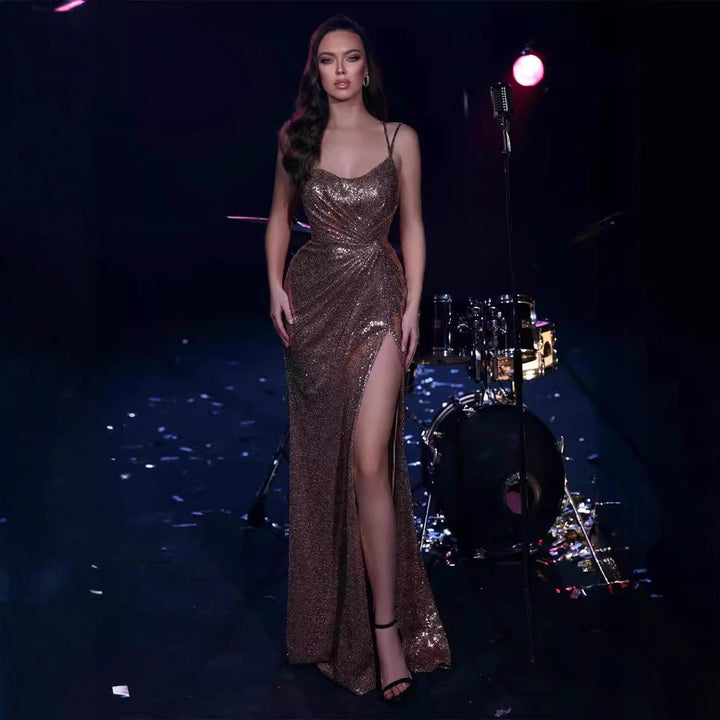 Damen Glamouröses Abendkleid mit schimmerndem Effekt und hohem Schlitz Drune