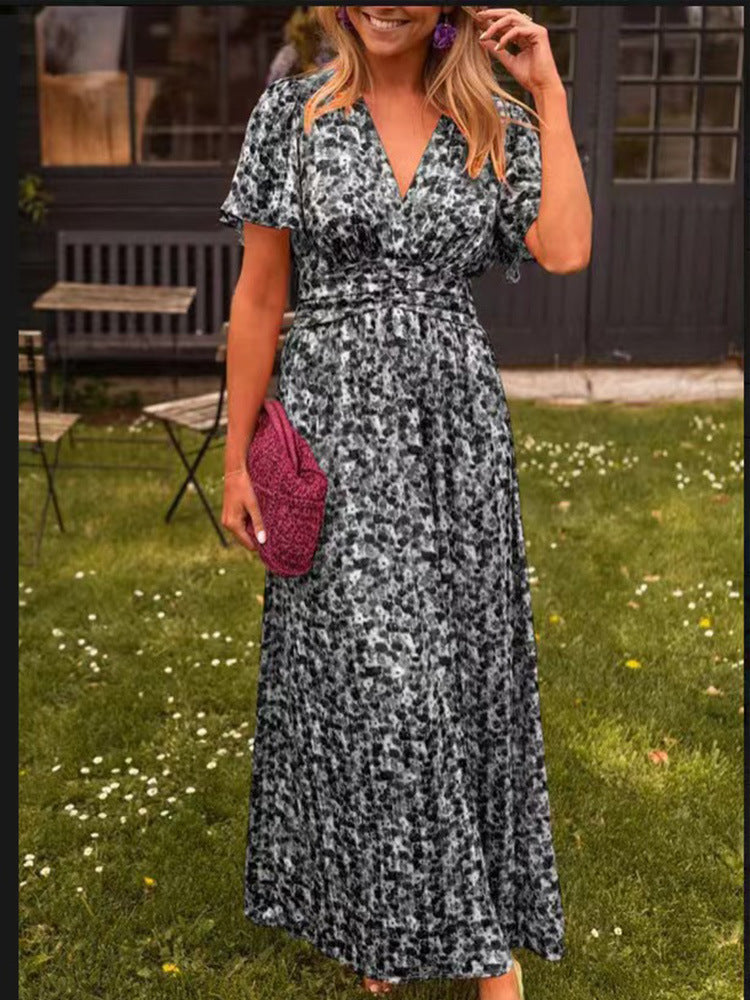 Damen Maxikleid mit floraler Raffung und V-Ausschnitt Drune
