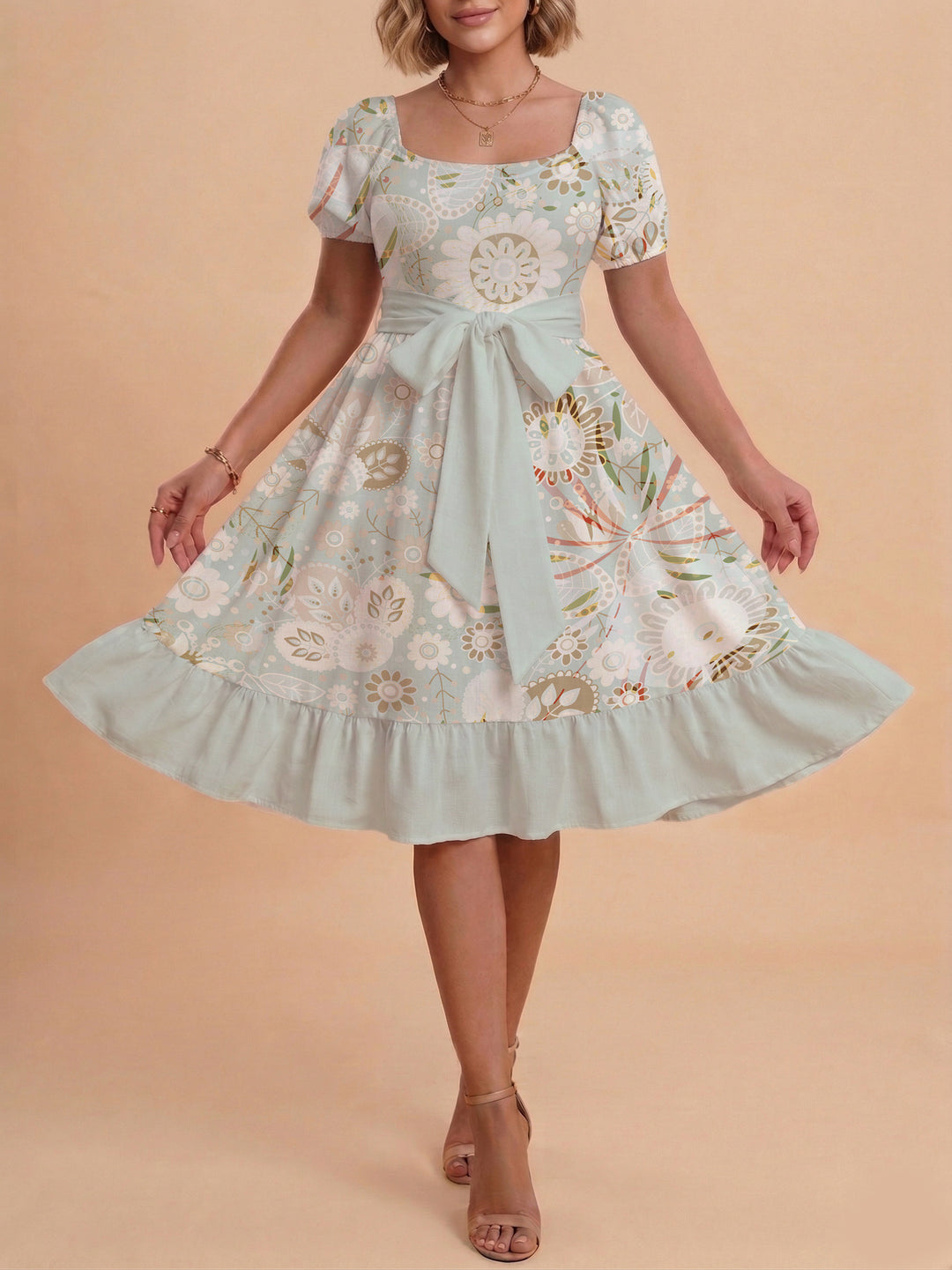 Damen modernes Blumenkleid mit elegantem Taillengürtel und asymmetrischem Saum Drune