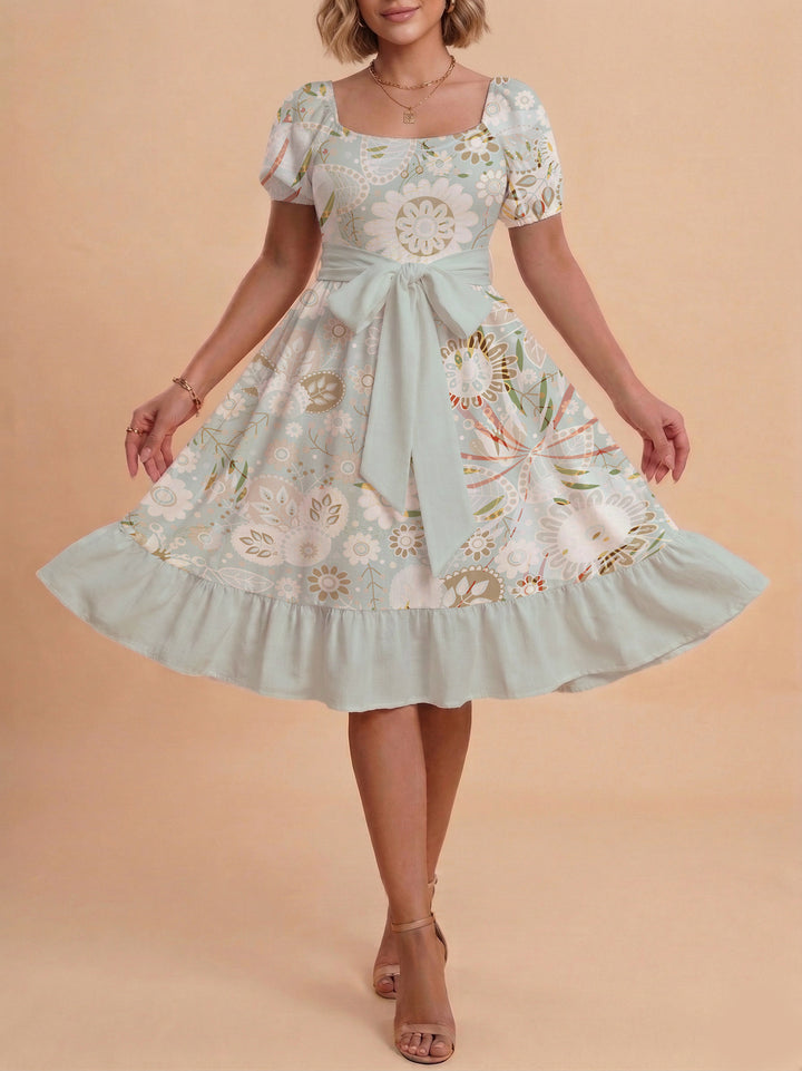 Damen modernes Blumenkleid mit elegantem Taillengürtel und asymmetrischem Saum Drune
