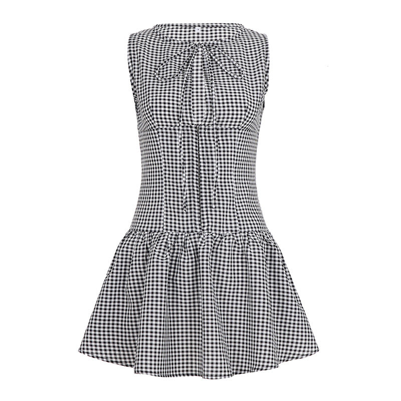Damen sommerliches Vichy-Kleid mit verspieltem Volant und Bindeband Drune