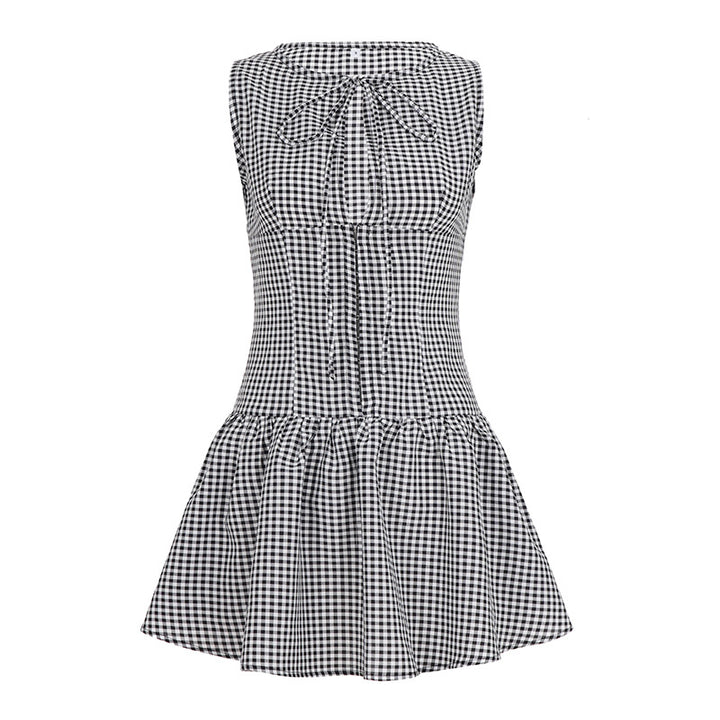 Damen sommerliches Vichy-Kleid mit verspieltem Volant und Bindeband Drune