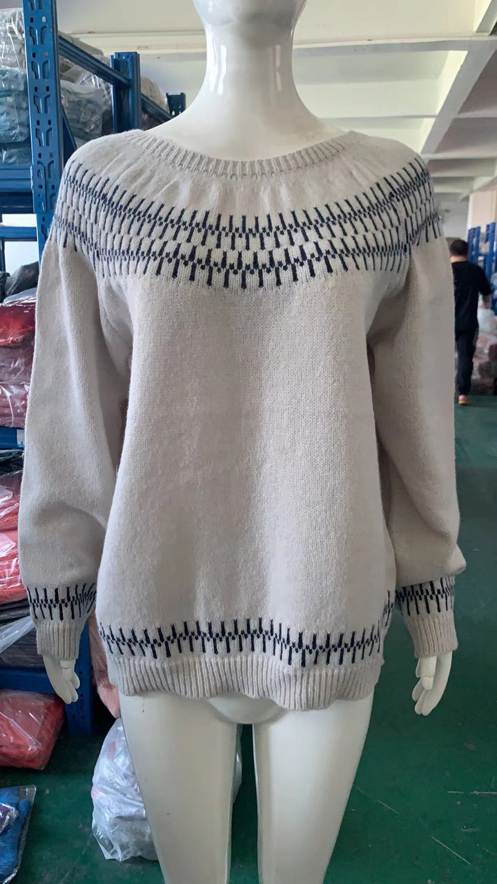 Damen nan gemusterter Norwegerstrickpullover mit weitem Rundhalsausschnitt und lässigem Oversize-Schnitt Drune