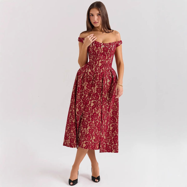 Damen Abendkleid mit schulterfreiem Design und exquisite Spitze Drune