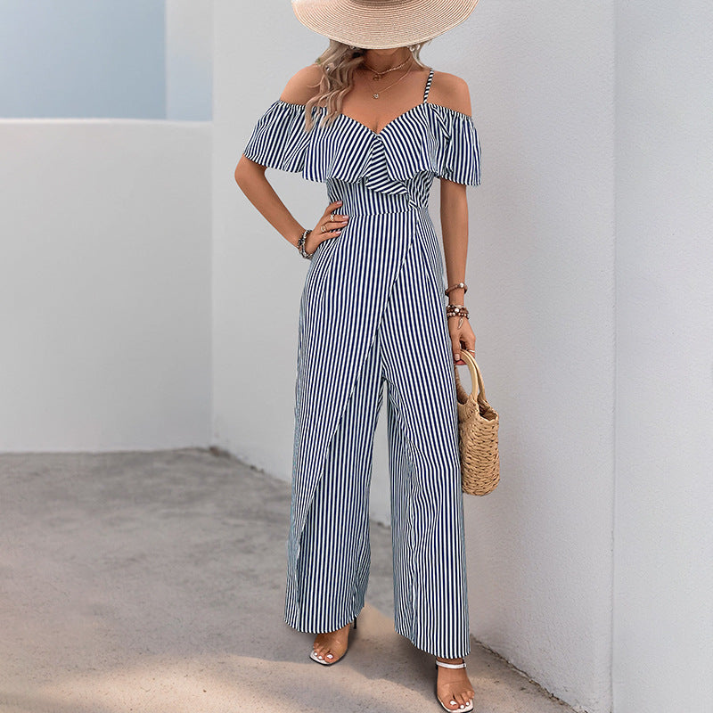 Damen eleganter Jumpsuit mit schulterfreiem Design und gestreiftem Muster Drune