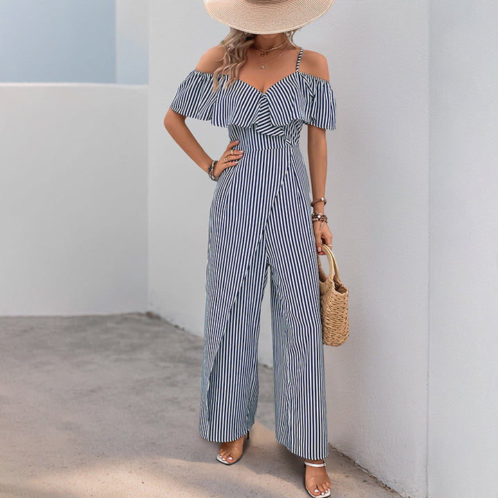 Damen eleganter Jumpsuit mit schulterfreiem Design und gestreiftem Muster Drune