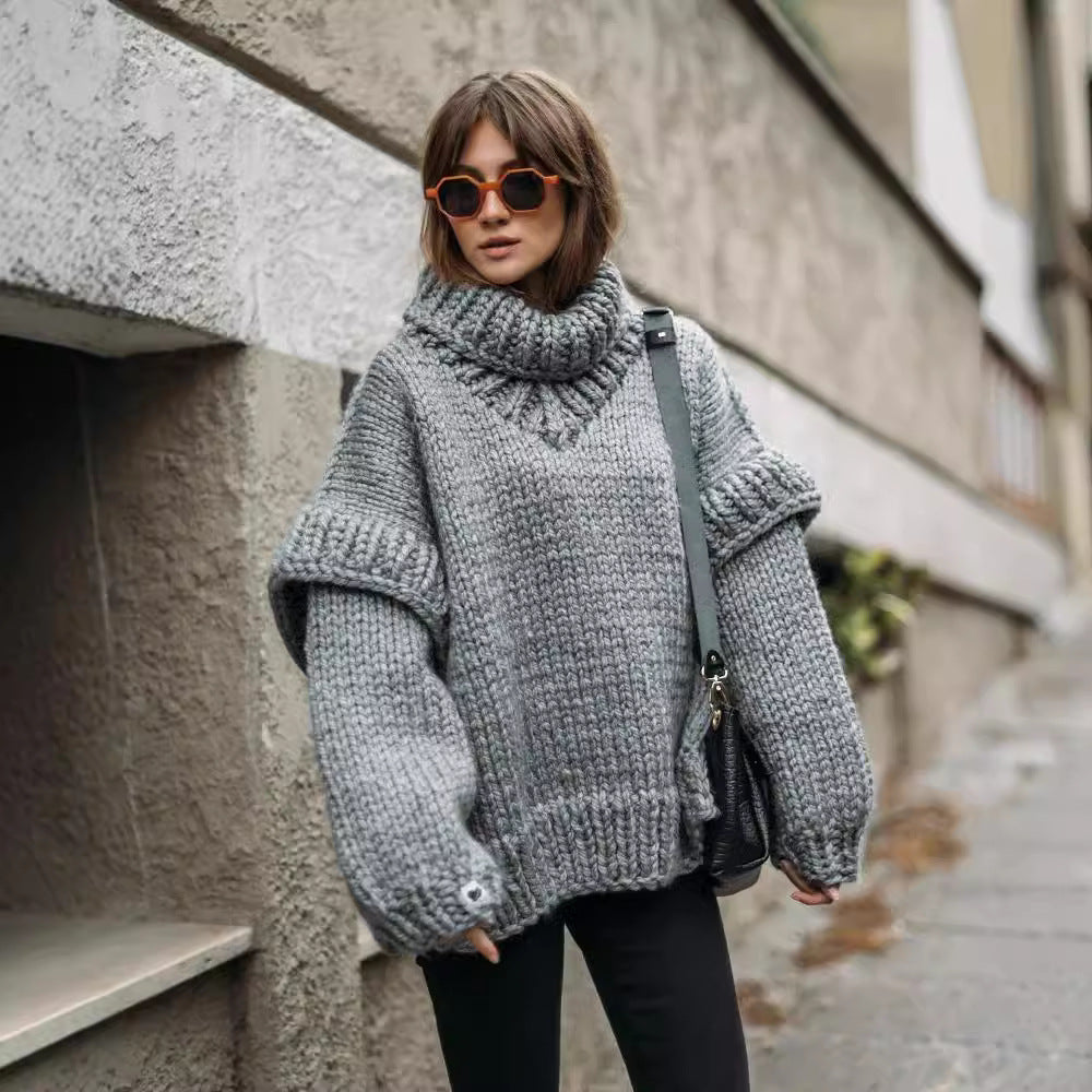 Damen Strickpullover mit hohem Kragen und weit geschnittenen Ärmeln Drune