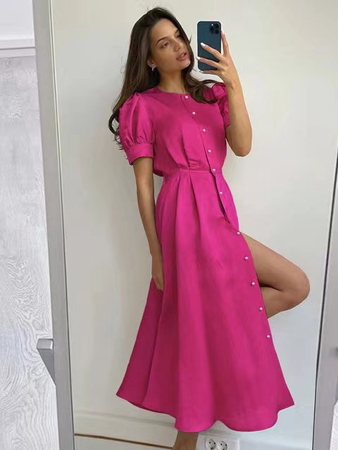 Damen Midi-Kleid mit Puffärmeln und schimmerndem Satin-Finish Drune