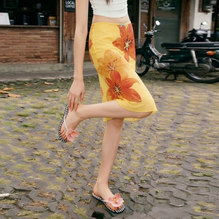 Damen Midi-Rock mit floralem Chiffon und elastischem Bund Drune