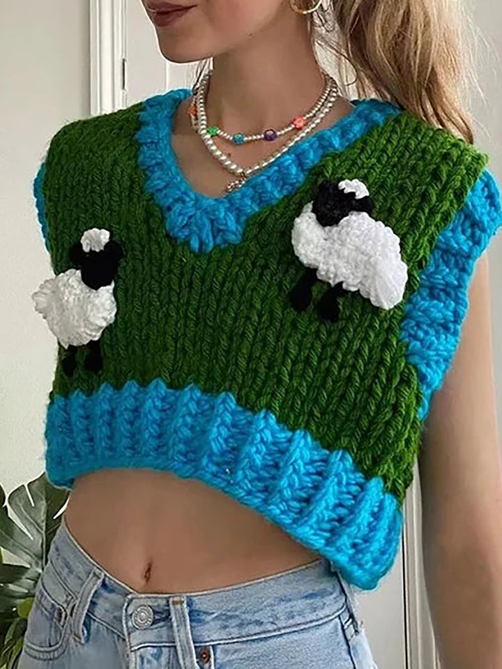 Damen gehäkeltes Crop-Top mit kreativen Schafmotiven Drune