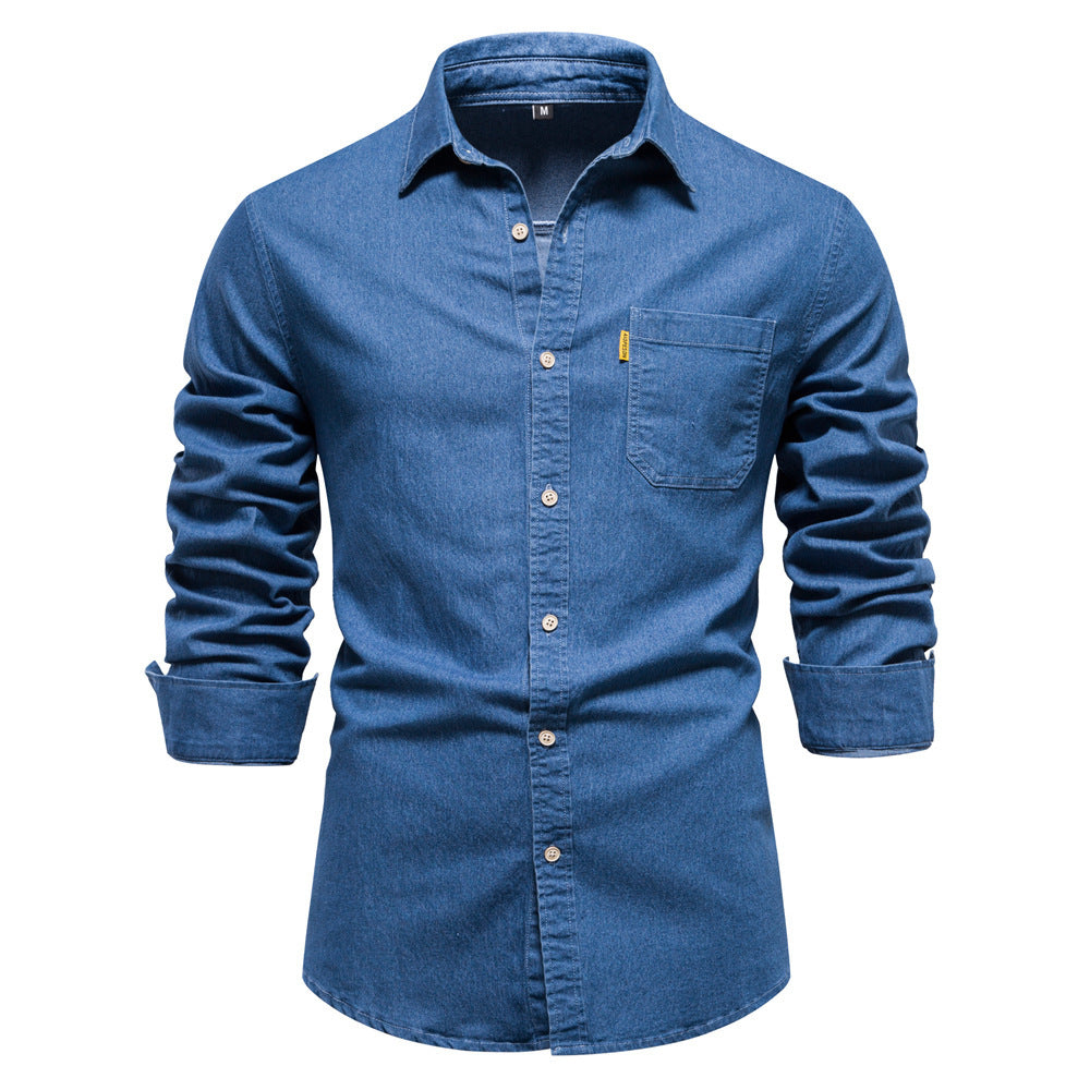Herren nan schmal geschnittenes Denim-Hemd mit Kentkragen und aufgesetzten Brusttaschen Drune