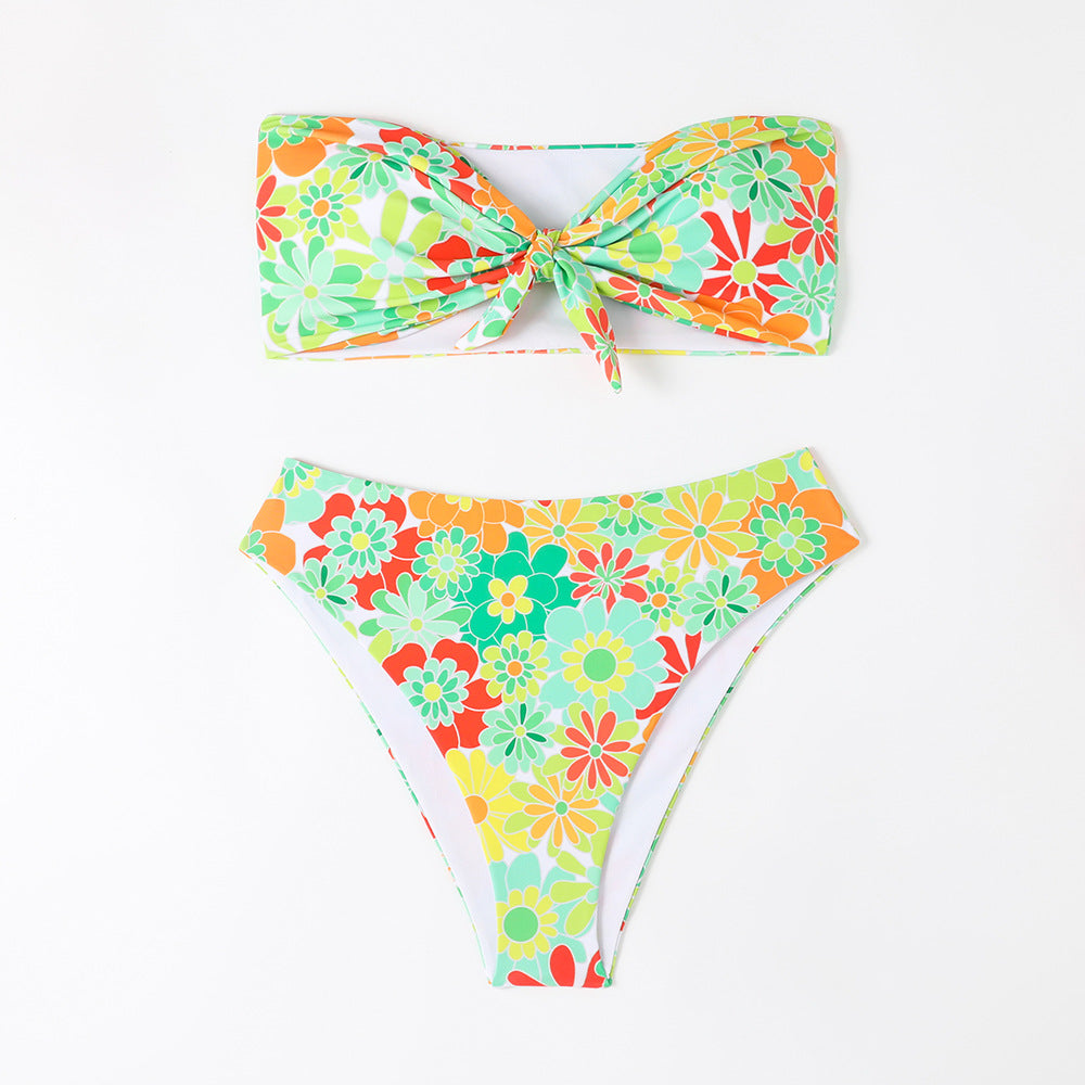 Damen Bandeau Bikini mit modischem Blumenmuster und verspieltem Knotendetail Drune