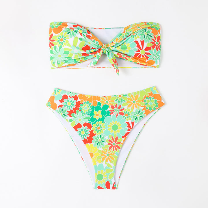 Damen Bandeau Bikini mit modischem Blumenmuster und verspieltem Knotendetail Drune