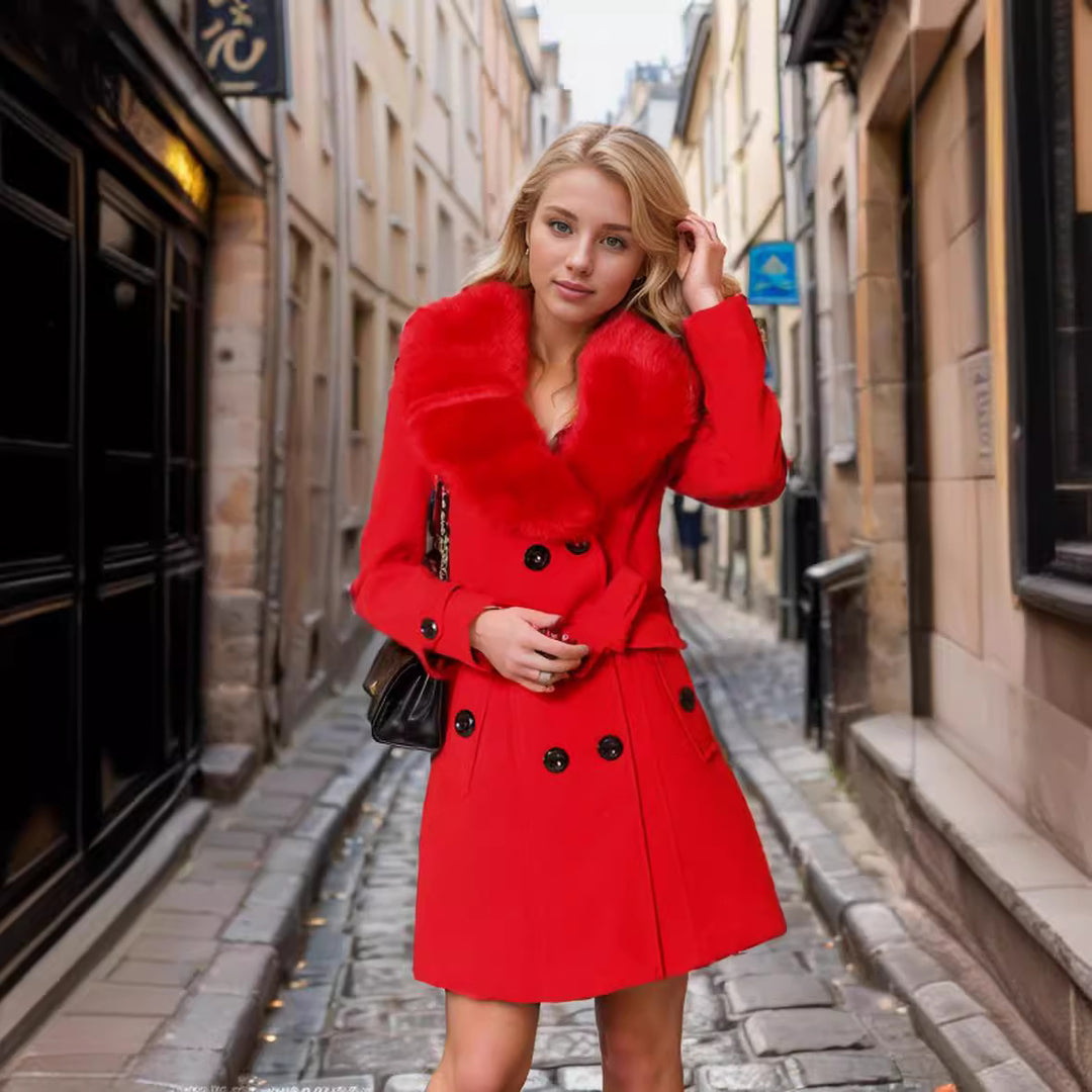 Damen eleganter Trenchcoat mit Kunstpelzkragen und Taillengürtel Drune
