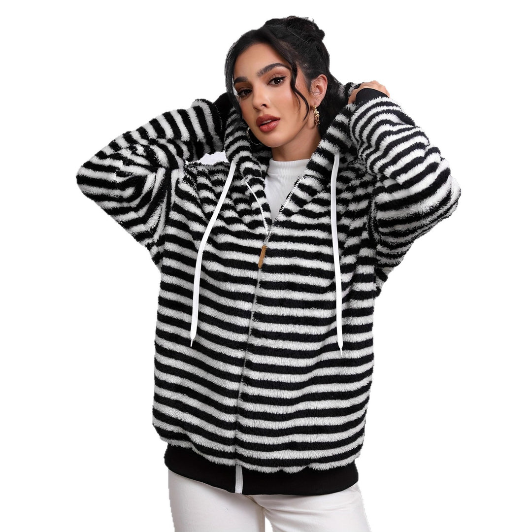Damen kuschelige Fleecejacke mit gestreiftem Muster und praktischen Taschen Drune