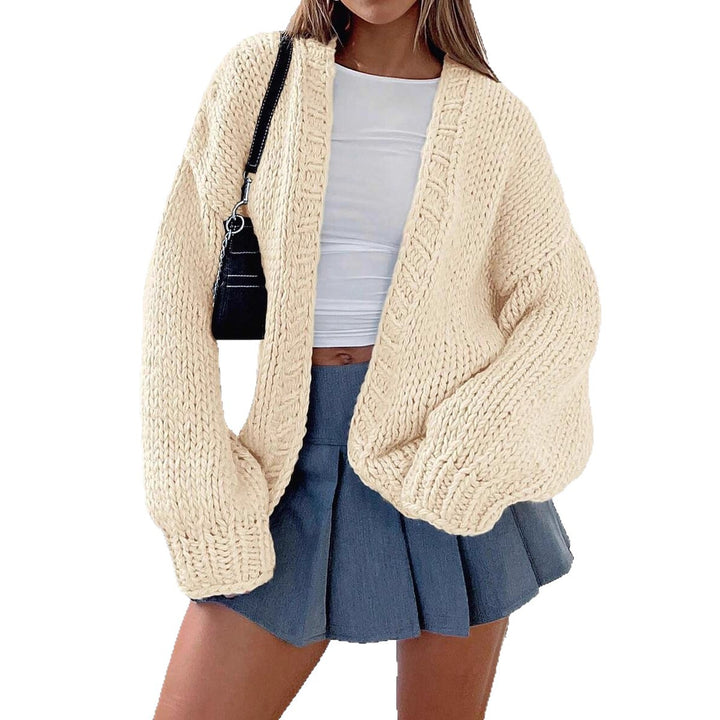 Damen Grobstrick Cardigan mit voluminösen Ärmeln und tiefem V-Ausschnitt Drune
