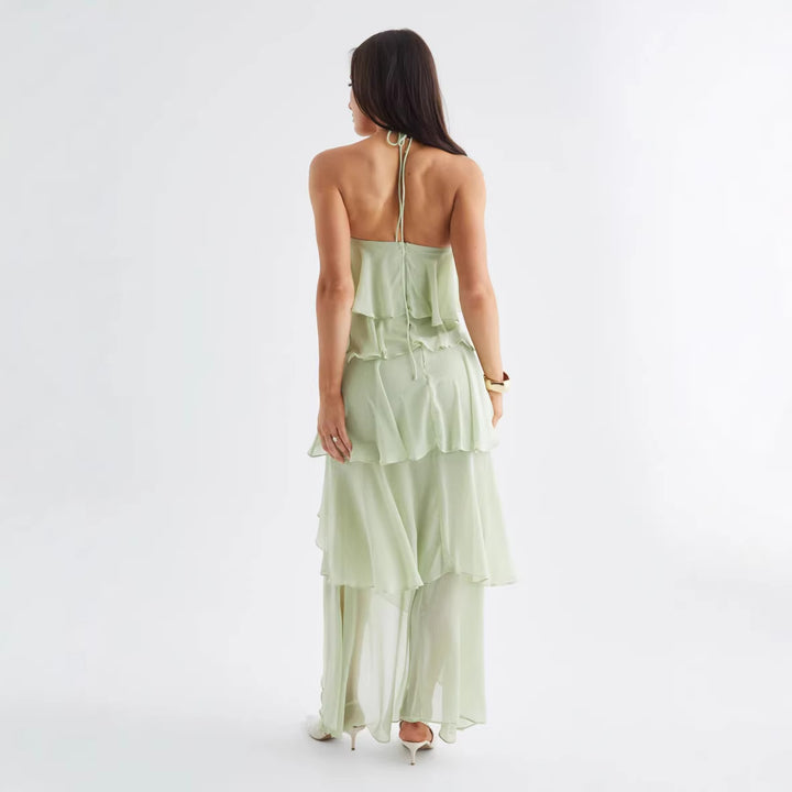 Damen Luftiges Chiffon-Maxikleid mit Rüschendetails und elegantem Halterneck Drune