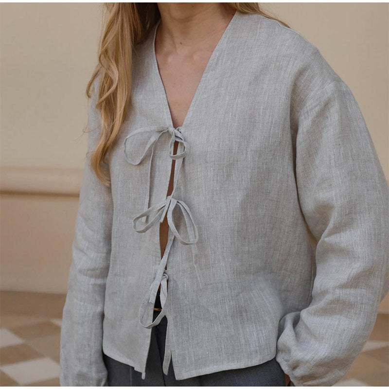 Damen Leinenbluse mit eleganten Schleifen Drune