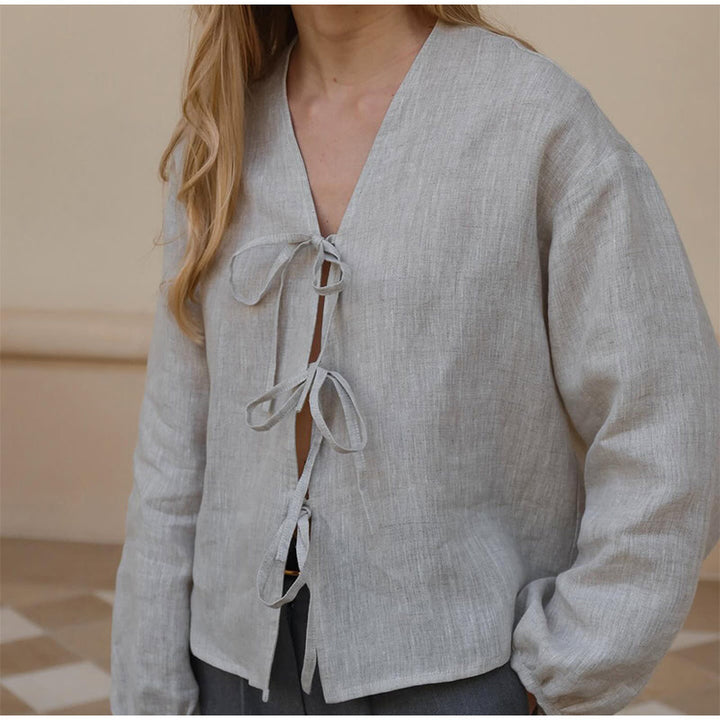 Damen Leinenbluse mit eleganten Schleifen Drune