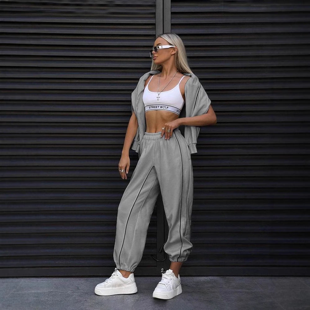 Damen nan kurzes Crop-Sweatshirt und lässige Jogginghose mit kontrastierenden Paspeln Drune
