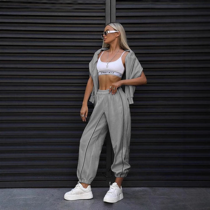 Damen nan kurzes Crop-Sweatshirt und lässige Jogginghose mit kontrastierenden Paspeln Drune