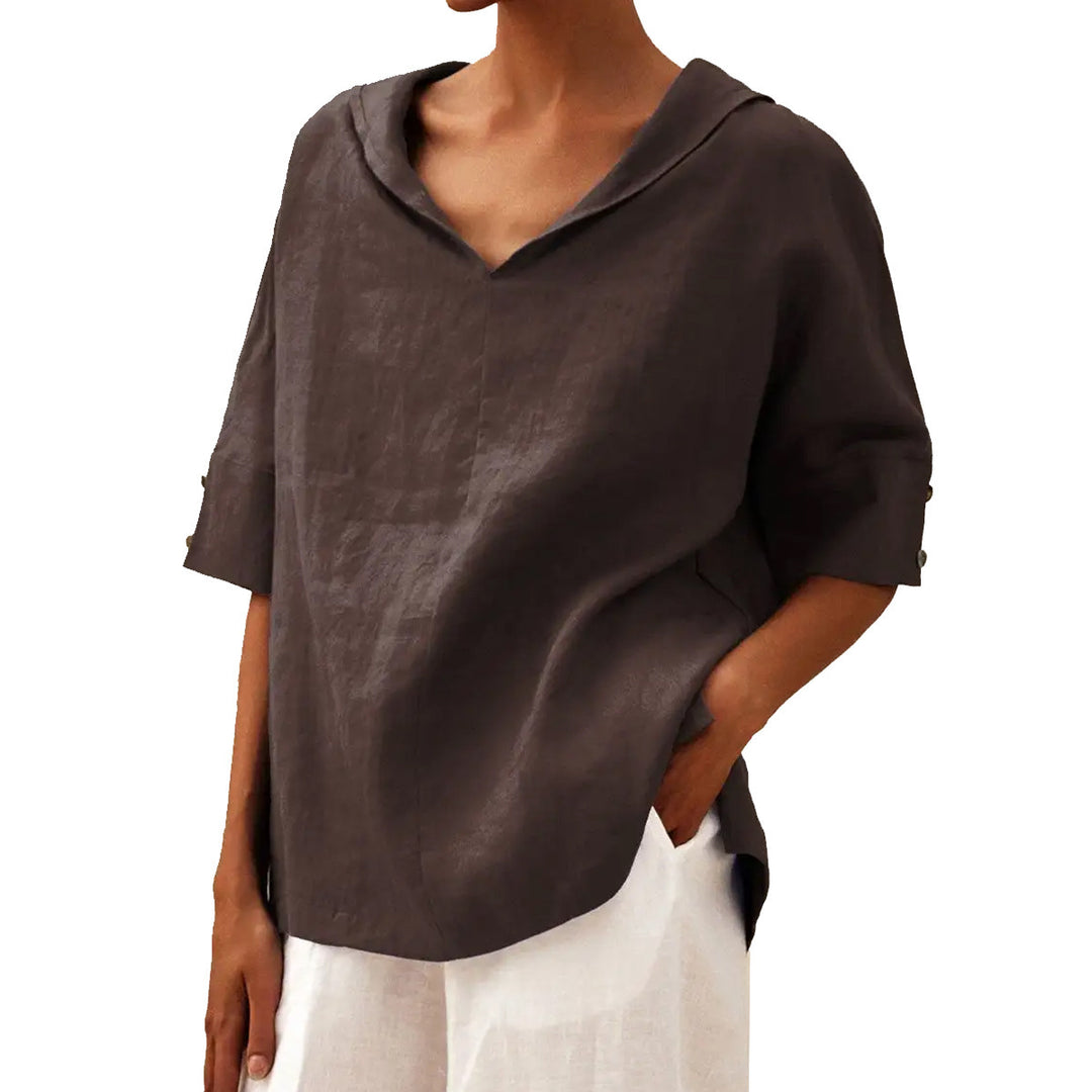 Damen lässige Leinenbluse mit Kapuze und kurzen Ärmeln Drune