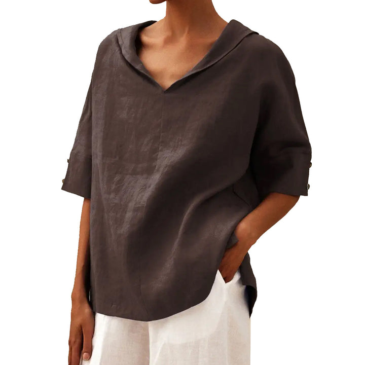 Damen lässige Leinenbluse mit Kapuze und kurzen Ärmeln Drune