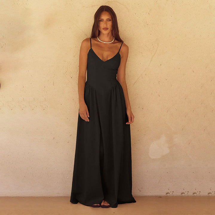 Damen elegantes Maxikleid mit feinen Spaghettiträgern und fließendem Rock Drune