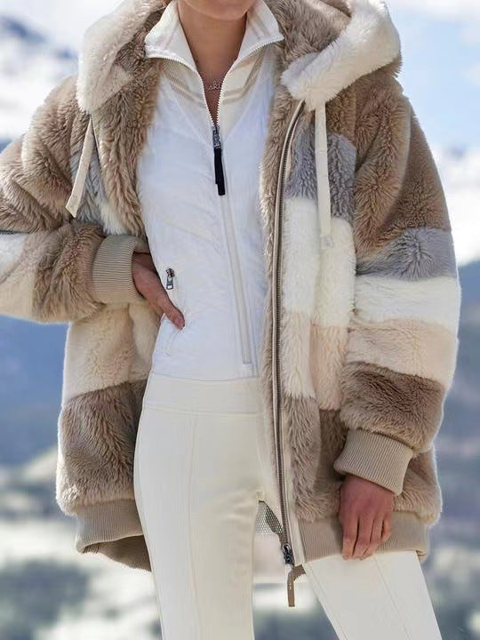 Damen nan oversized Kapuzenjacke aus Kunstfell mit Colourblock-Design, Zweiwege-Reißverschluss und Rippbündchen Drune
