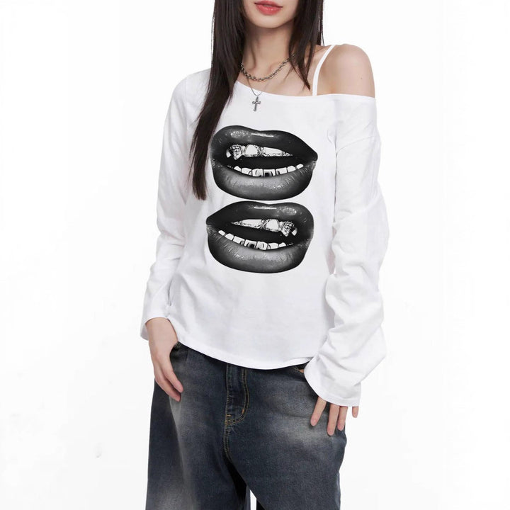 Damen nan asymmetrisches Off-Shoulder Langarmshirt mit doppeltem Lippenprint, relaxed Oversize-Schnitt und weichem Baumwollmix Drune