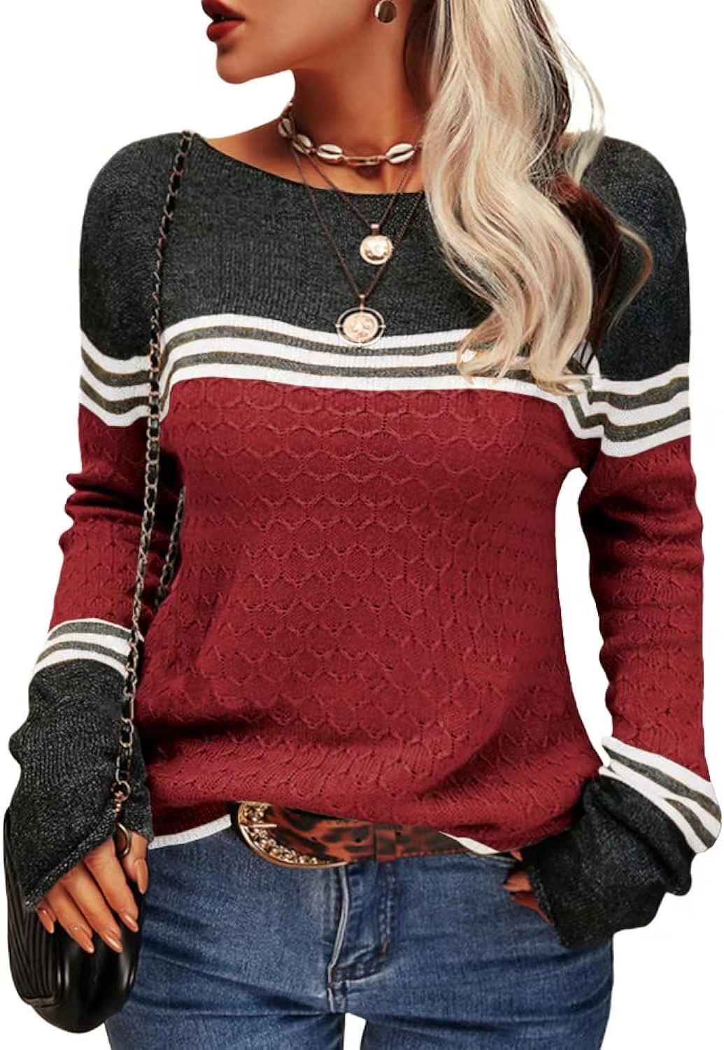 Damen lässiger Strickpullover mit kontrastierenden Farbblöcken und einzigartiger Textur Drune