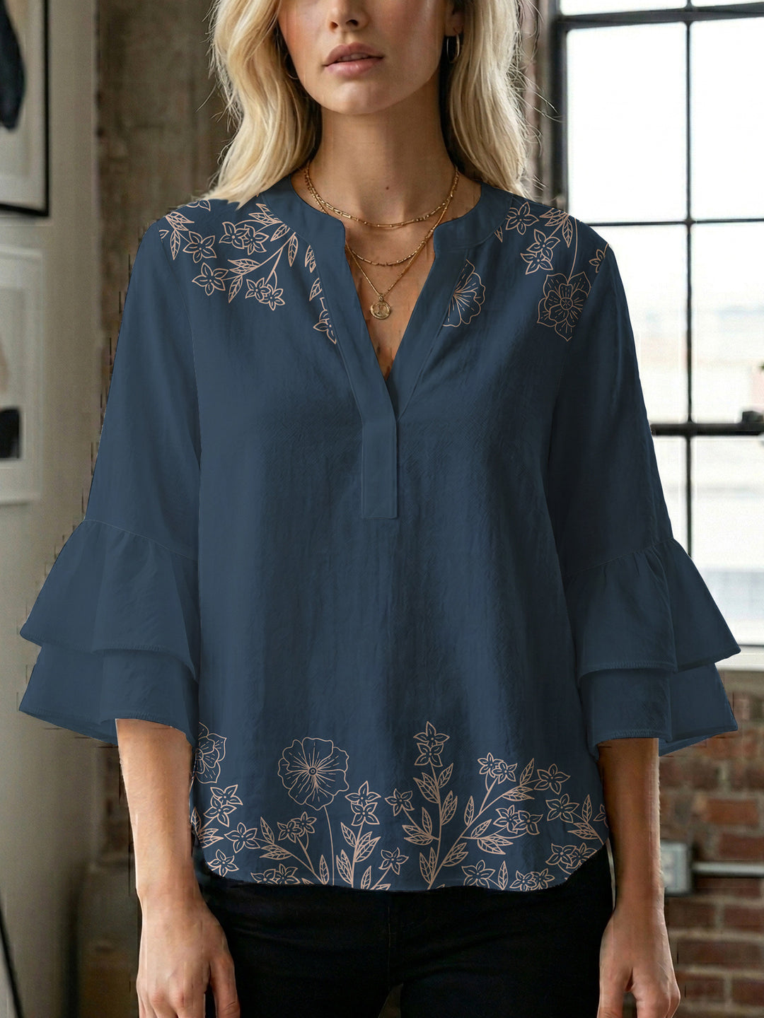 Damen Bluse mit voluminösen Rüschenärmeln und floralem Druck Drune