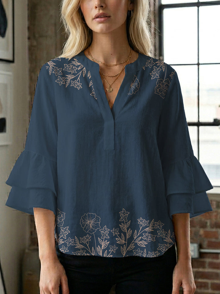 Damen Bluse mit voluminösen Rüschenärmeln und floralem Druck Drune