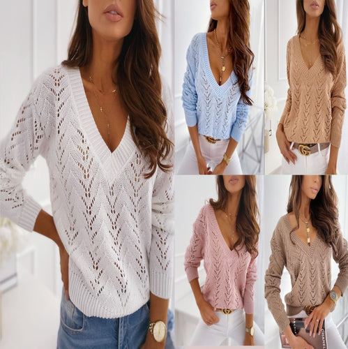 Damen Strickpullover mit V-Ausschnitt und kunstvollen Lochmustern Drune