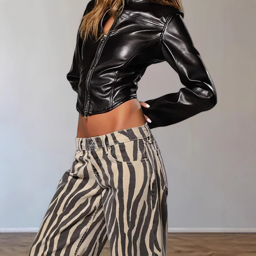 Damen modische Lederjacke mit hochgeschlossenem Kragen und Schlüssel-Ausschnitt Drune