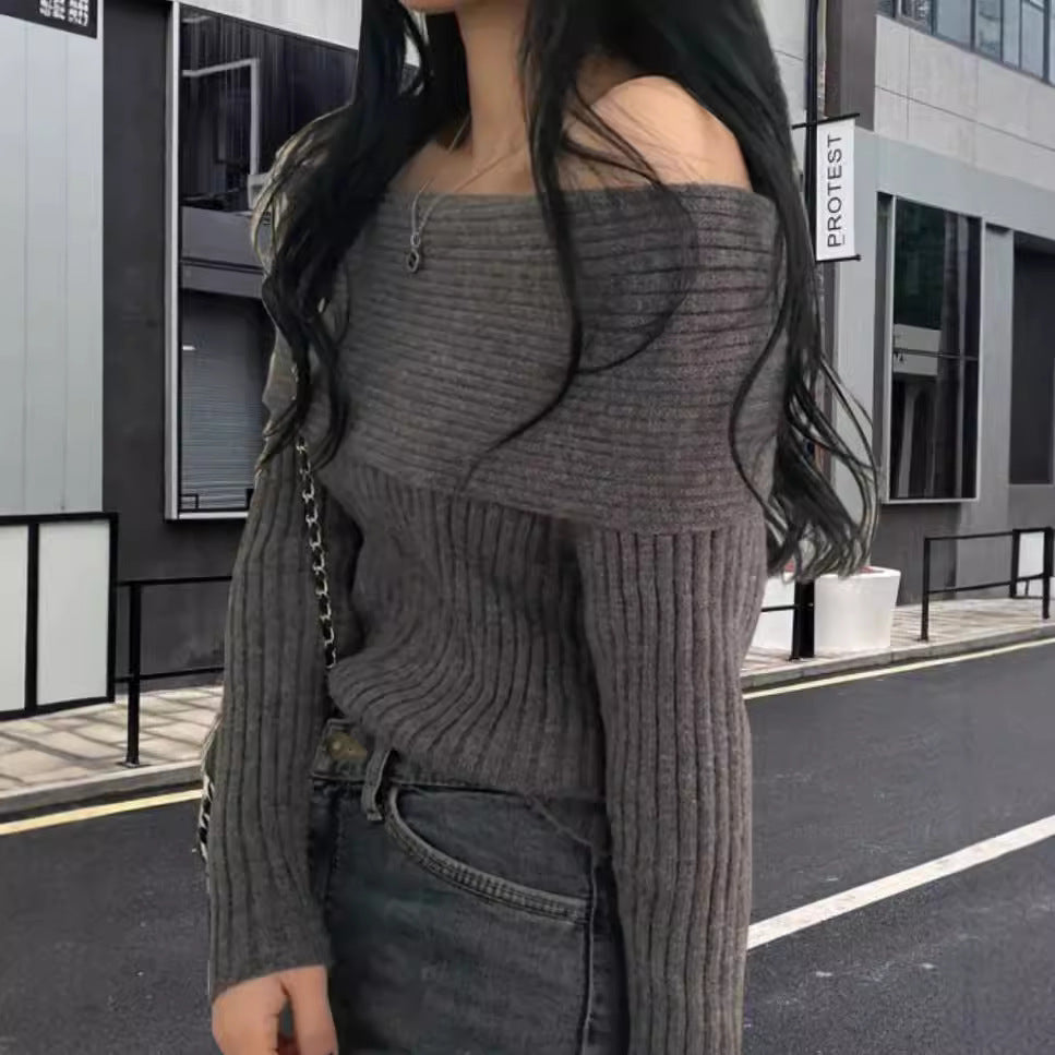 Damen Off-Shoulder Strickpullover mit elastischem Rippdesign Drune