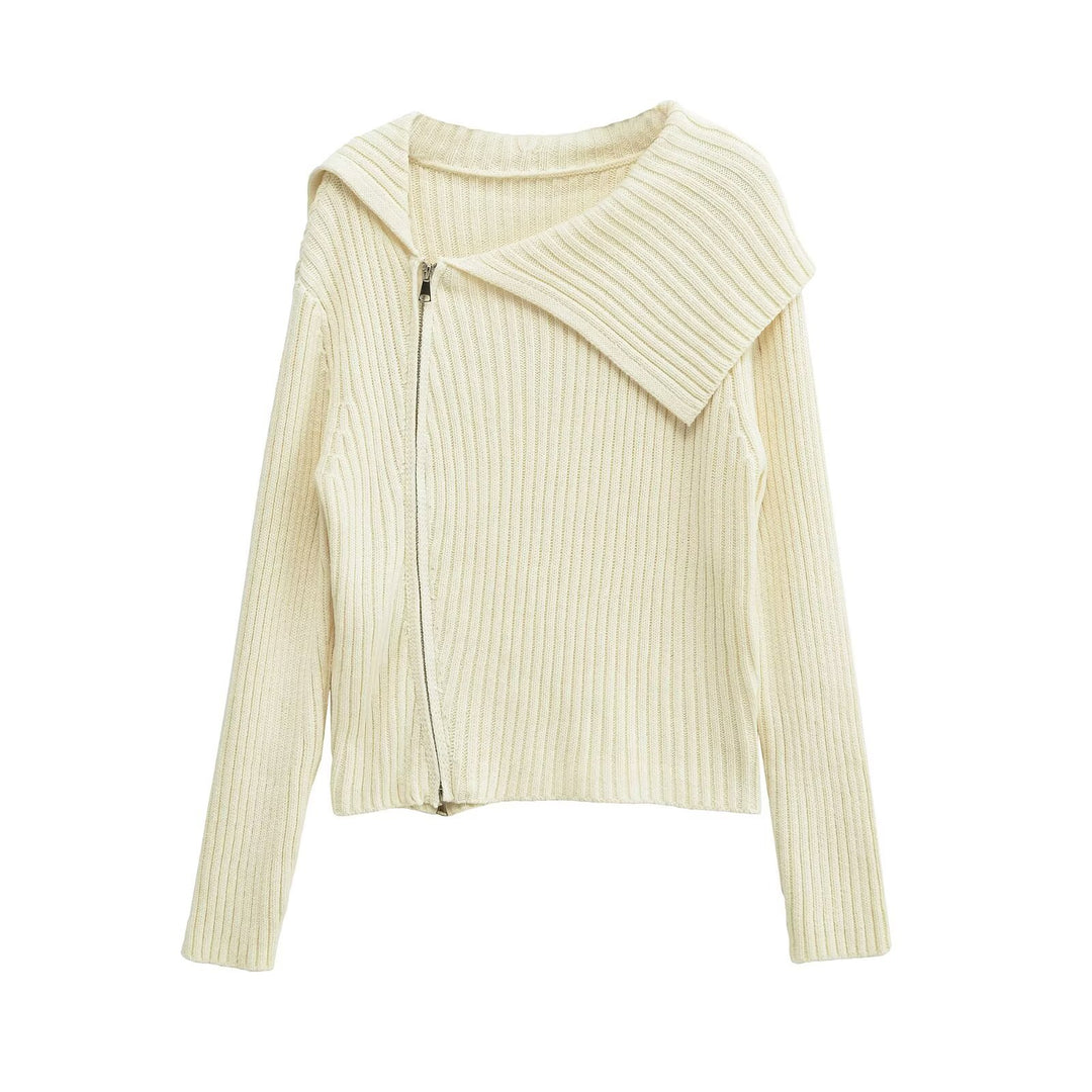 Damen Rippenstrickjacke mit großem Kragen und asymmetrischem Reißverschluss Drune