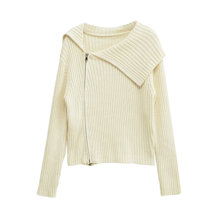 Damen Rippenstrickjacke mit großem Kragen und asymmetrischem Reißverschluss Drune