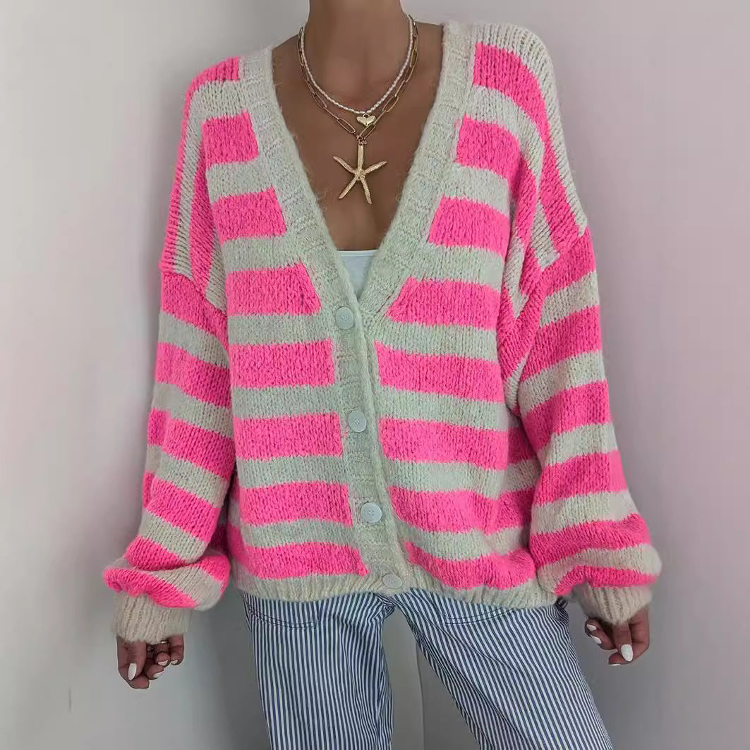 Damen lässiger Strickcardigan mit einzigartigem Streifenmuster Drune