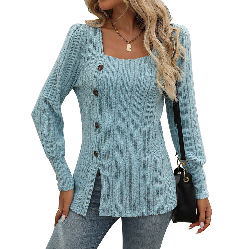 Damen Strickoberteil mit quadratischem Ausschnitt und Knopfdetails Drune