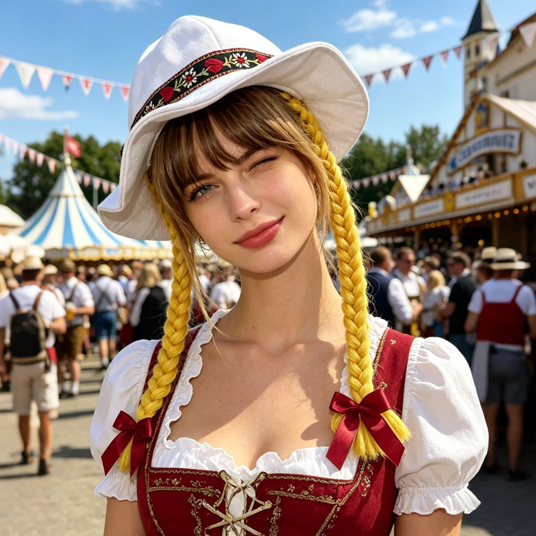Damen nan folklorischer Sonnenhut mit dekorativem besticktem Band und langen geflochtenen Zöpfen Drune
