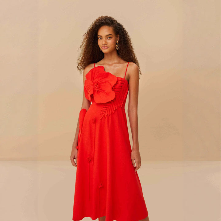 Damen Midi-Kleid mit kunstvollen Rüschendetails und verstellbaren Spaghettiträgern Drune