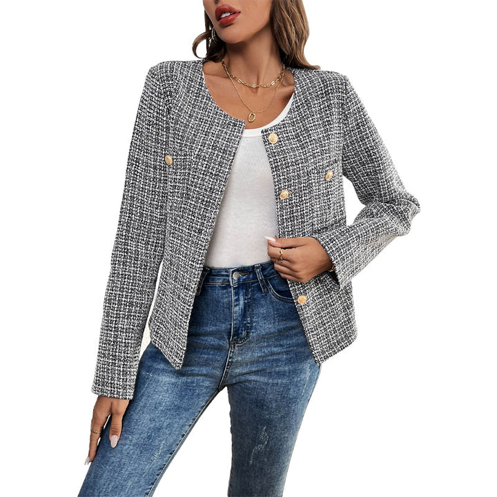 Damen elegante Bouclé-Jacke mit goldenen Knopfdetails Drune