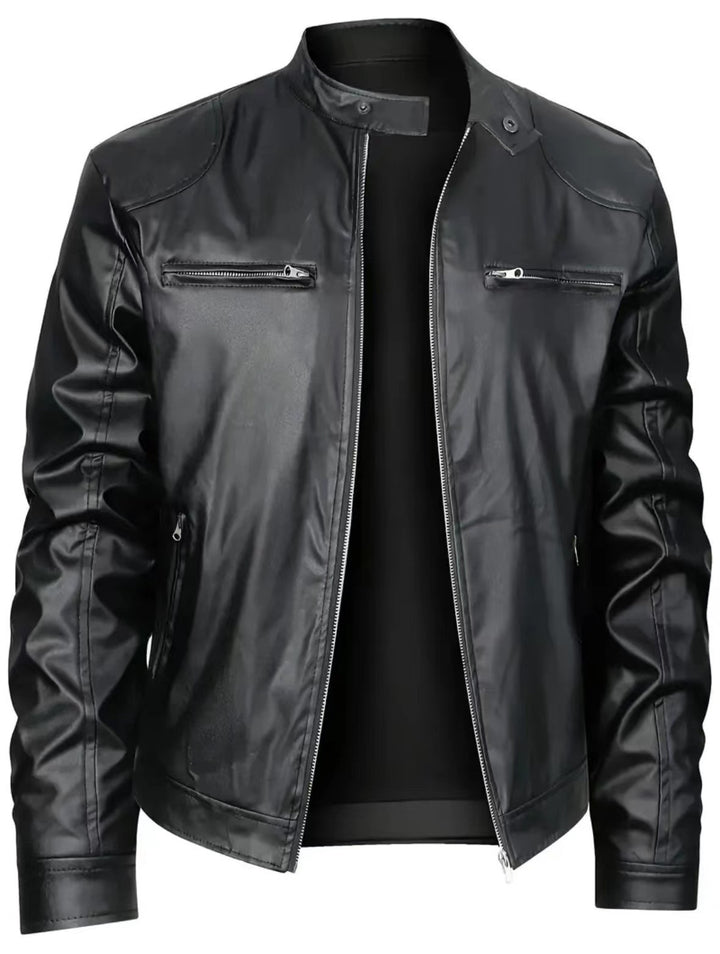Herren nan schlanke Kunstleder-Bikerjacke mit Stehkragen, durchgehendem Reißverschluss und zwei Brusttaschen Drune