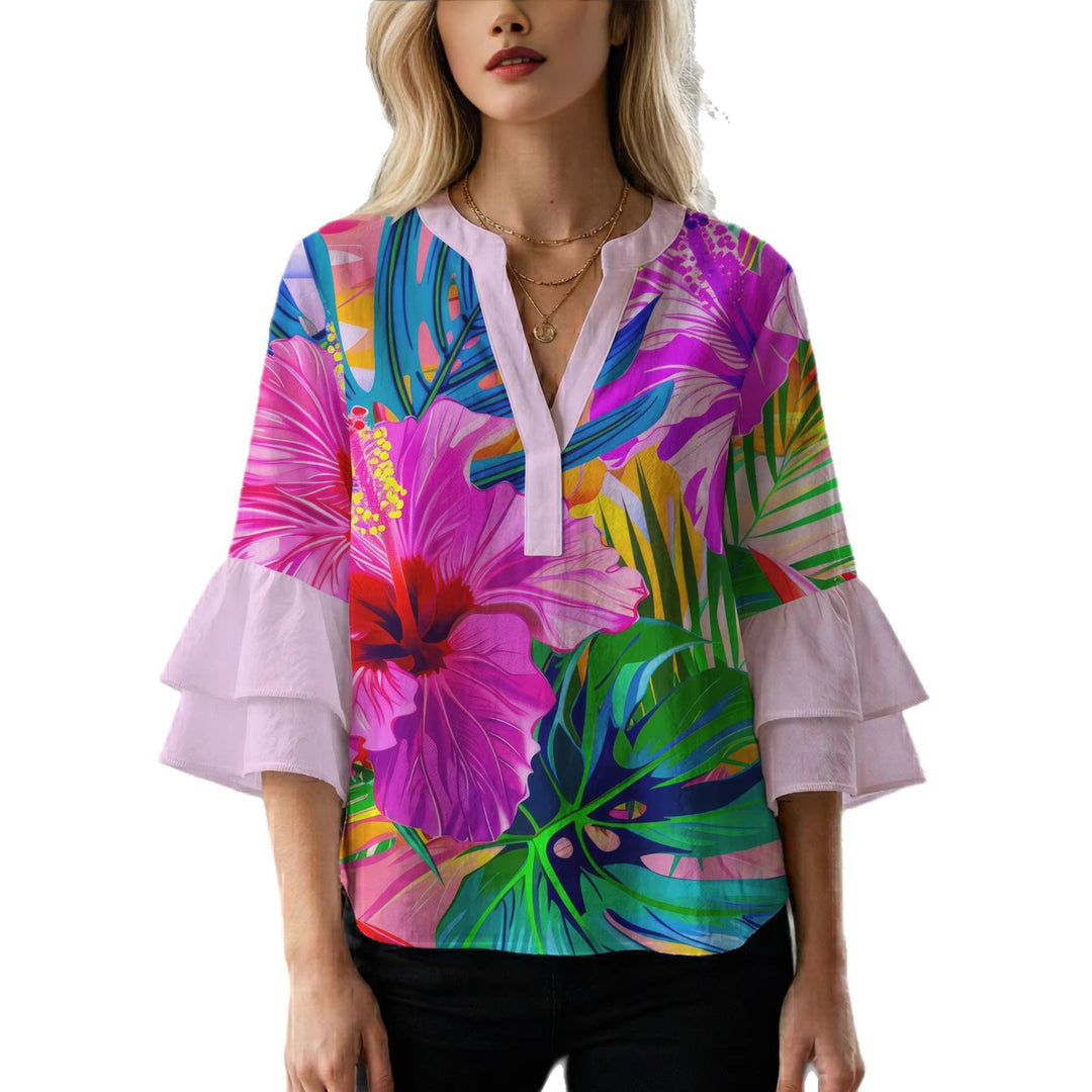 Damen Bluse mit voluminösen Rüschenärmeln und floralem Muster Drune