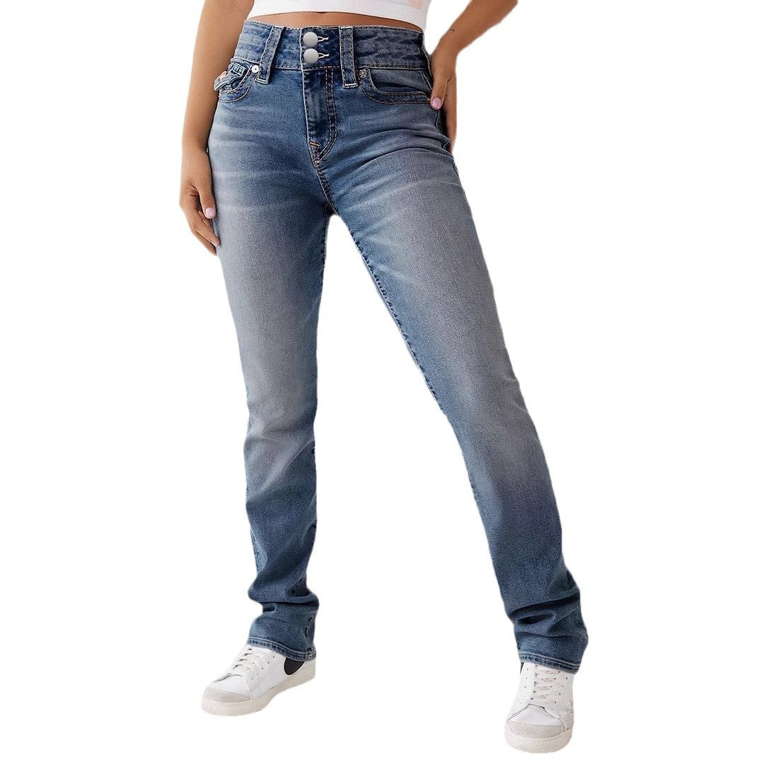 Damen Hochbundige Jeans mit dekorativen Knöpfen Drune