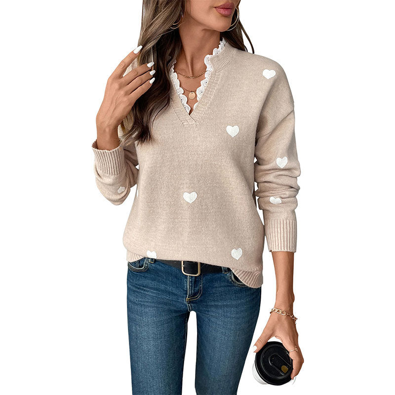 Damen Pullover mit herzförmigen Applikationen und luxuriösem Spitzenkragen Drune
