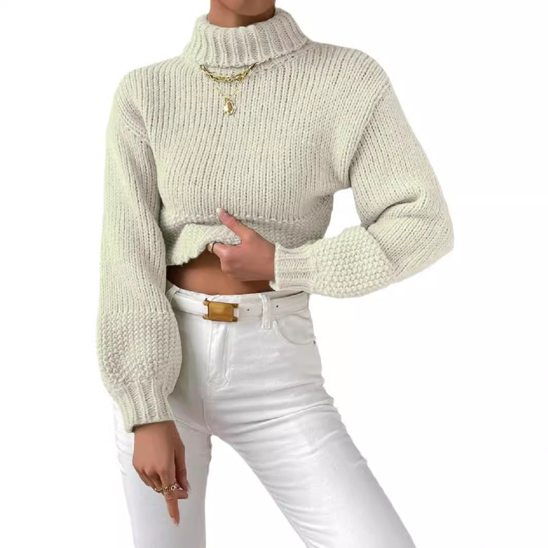 Damen Grobstrick Pullover mit hohem Kragen Drune